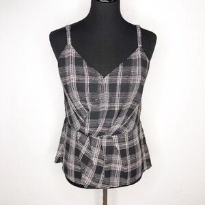 WHBM black white & light pink stipe plaid sleeveless faux wrap top size 6